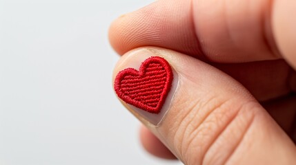 Mini heart embroidery patch on the finger isolated on white background.