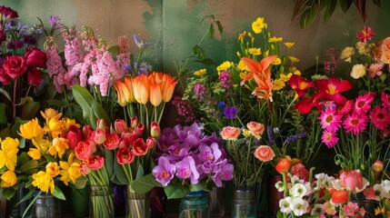 Obraz premium Arrange a vibrant mix of colorful flowers to create a cheerful and eye-catching display 