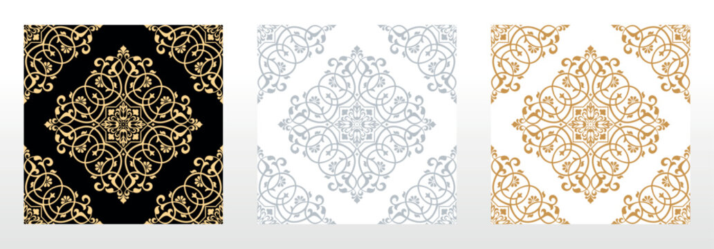 Wallpapers in the style of Baroque. Seamless vector backgrounds. Set of colored floral ornaments. Graphic patterns for fabric, wallpaper, packaging. Ornate Damask flower ornaments