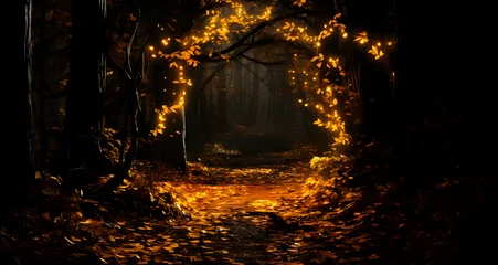 Plexiglas foto achterwand a dark forest with a pathway and a glowing light © Lily