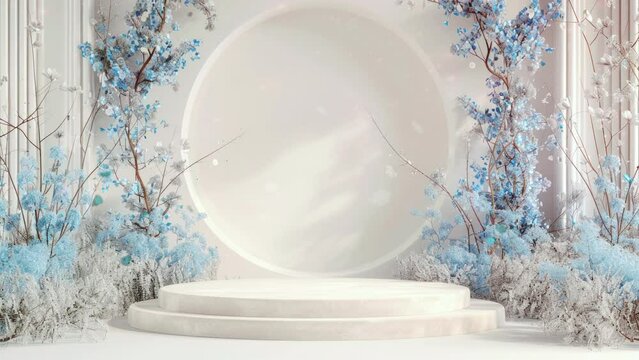 Marble table adorned with round floral arrangements for product display. Elegance redefined.
