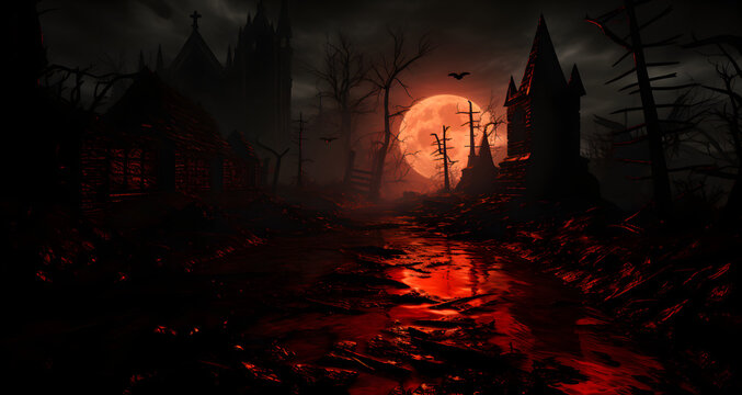an image of the woods at night with blood running down the path