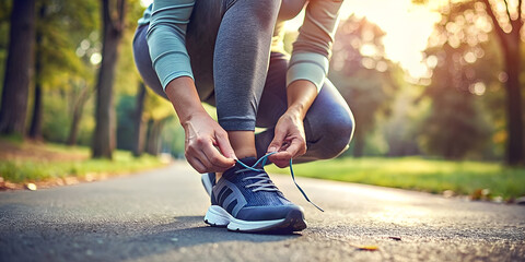 A close-up of a person tying running shoes, ready for a jog in a scenic park, showcasing the active and health-conscious side of lifestyle - Powered by Adobe