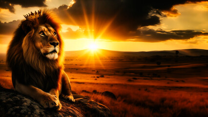 Royal Domain: A Lion in His Crown, Ruling Over the Expanse of Nature's Splendor in the Landscape