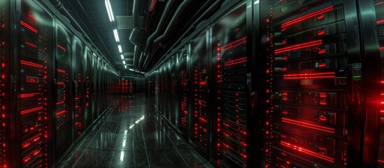 A long hallway filled with numerous red lights