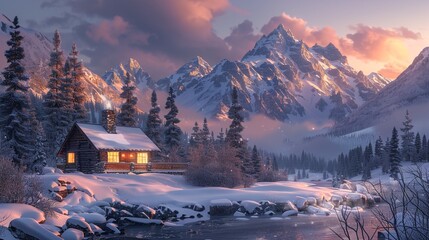 Snowy mountain cabin at dusk, photorealistic warmth, vibrant cold, twilight ,3DCG,high resulution,clean sharp focus - obrazy, fototapety, plakaty