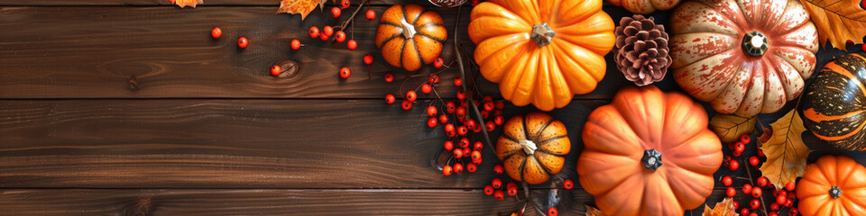 A bunch of pumpkins are hanging on a wall as part of a Thanksgiving centerpiece promotion banner. Copy space. - Powered by Adobe