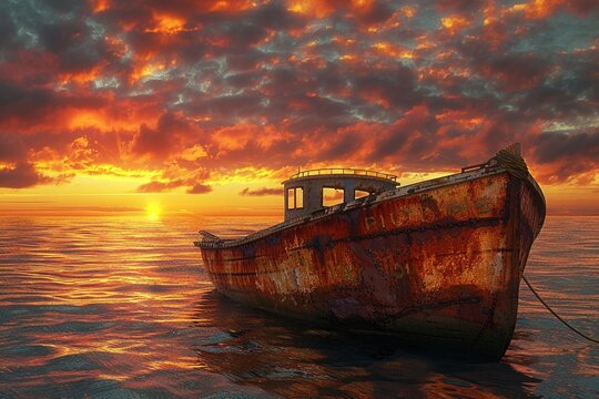Old fishing boat at sunset, photorealistic rust, vibrant sky, evening light ,super realistic,clean sharp focus