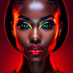 Radiant Beauty: Stunning Black Woman Under Crimson Neon Lights(Generative AI)