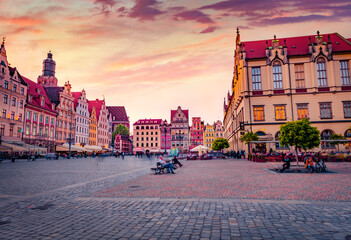 Wonderful spring sunset in Wroclaw, Market Square with Town Hall. Amazing evening view of historical capital of Silesia, Poland, Europe. Travel the world.. - 775536084