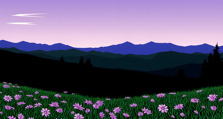 a mountain scene with flowers and a cloudy sky