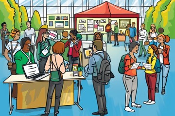 Cartoon cute doodles of a career fair on campus, with students networking with recruiters, attending workshops, and exploring job opportunities, Generative AI