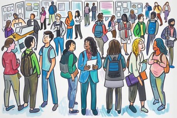 Cartoon cute doodles of a career fair on campus, with students networking with recruiters, attending workshops, and exploring job opportunities, Generative AI
