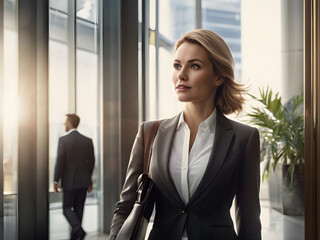a woman in a suit is walking in a building with a man in the background