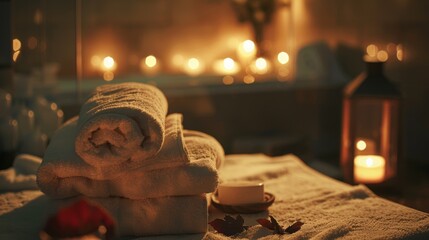 A dimly lit spa environment with soft lighting and fluffy towels, creating a calming atmosphere.