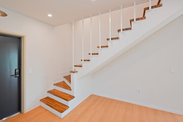 Design made from maple wood, original bright color, wood color staircase interior