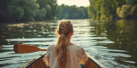 back rear view woman rowing boat spring sunset lake paddling canoeing  boat adventure spring background - obrazy, fototapety, plakaty