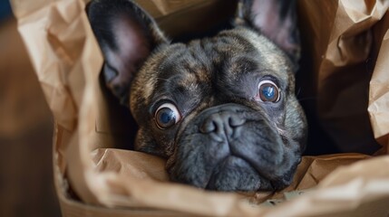 A French bulldog trying to squeeze its entire face into a small box highlighting their curiosity 