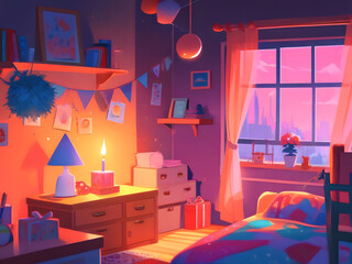 a room with a bed a dresser and a window with a pink and purple picture on the wall