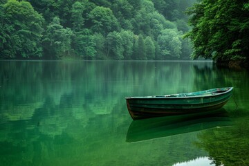 Naklejka na ściany i meble Green boat on calm lake water surrounded by forest