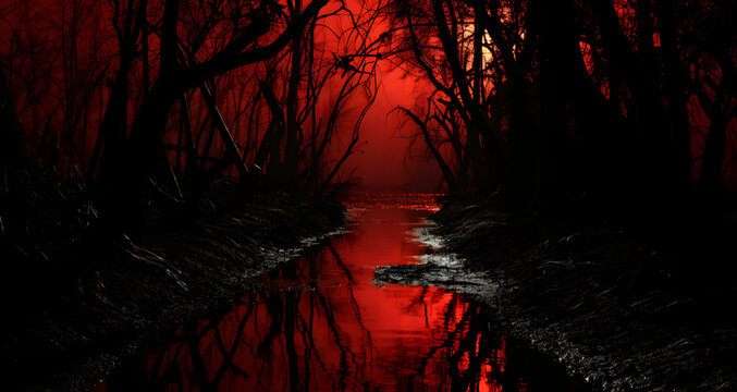 an image of a red sky with black water