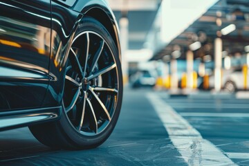 Close-up of a car wheel in a parking lot - obrazy, fototapety, plakaty