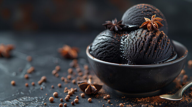 dessert gelato nero, coppetta gelato, anice, liquirizia, cibo gourmet