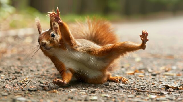 A red squirrel in a funny yoga pose, trying to stretch and contort its body in a comical way 