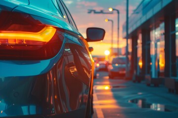 Car in urban parking lot at sunset