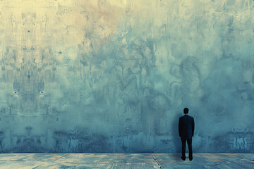 A businessman walking towards a light at the end of the tunnel