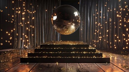 The podium is adorned with sparkling gold and silver sequins reminiscent of the flashy and gl outfits from the disco era. In the background . . - obrazy, fototapety, plakaty