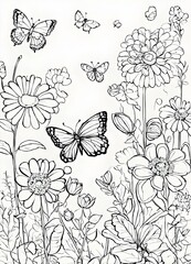 Spring coloring page with seamless pattern with butterflies