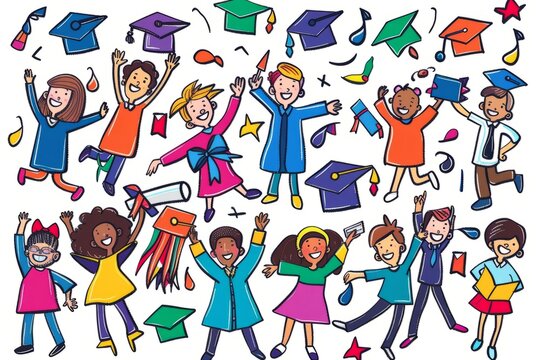 Cartoon cute doodles of a college graduation ceremony, with students tossing caps in the air, posing for photos, and celebrating their academic achievements, Generative AI