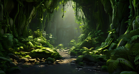 a lush rainforest filled with green plants and moss - obrazy, fototapety, plakaty