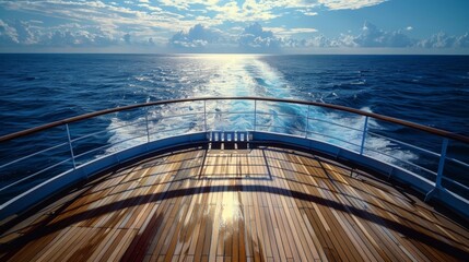 A panoramic view of the ocean from the top deck of a magnificent Art Decoinspired liner creating a sense of sophistication and sophistication. . .