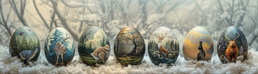 Enchanted forest Easter eggs featuring mystical creatures and forest scenery