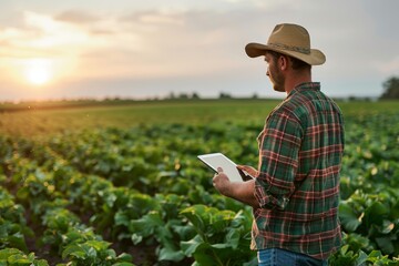 Farmer with tablet standing against green field background