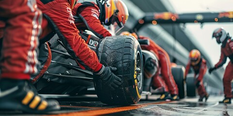 Pit crew changing tires, close-up, teamwork and precision under pressure, race day intensity