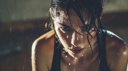 A woman with sweat dripping down her face as she performs abdominal exercises with unwavering determination