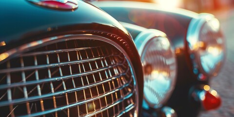 Vintage sports car grill and emblem, close-up, soft sunlight, nostalgia and classic beauty, racing heritage - obrazy, fototapety, plakaty