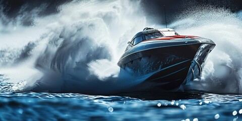 High-speed boat racing on the water, close-up on the spray and hull, exhilarating power and competition - obrazy, fototapety, plakaty