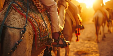 Camel caravan at sunset, close-up on the decorated saddles, warm golden light, ancient trade routes vibe - obrazy, fototapety, plakaty