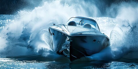 High-speed boat racing on the water, close-up on the spray and hull, exhilarating power and competition  - obrazy, fototapety, plakaty
