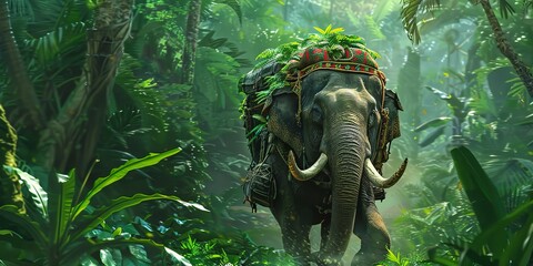 Elephant carrying supplies through the jungle, close-up on the intricate harness, vibrant green backdrop 