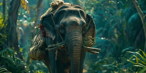 Elephant carrying supplies through the jungle, close-up on the intricate harness, vibrant green backdrop