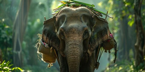 Fototapeta premium Elephant carrying supplies through the jungle, close-up on the intricate harness, vibrant green backdrop 