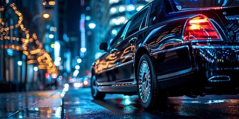 Polished limousine under city lights at night, close-up on the sleek black finish, elegance and sophistication  - obrazy, fototapety, plakaty