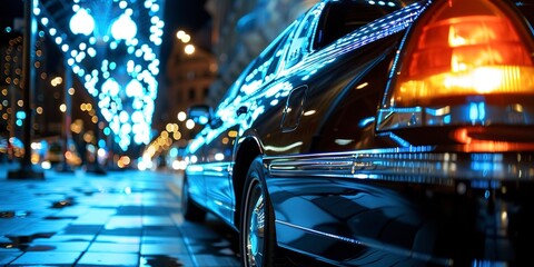 Polished limousine under city lights at night, close-up on the sleek black finish, elegance and sophistication - obrazy, fototapety, plakaty