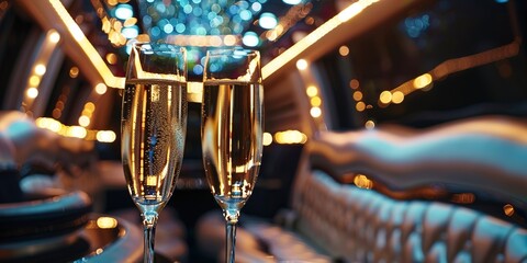 Close-up of a limousine's champagne flute setup, soft focus, celebration vibe, intimate and luxurious