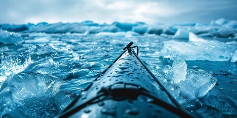 Kayak navigating icy waters, close-up on the paddle and ice chunks, cold blue tones, adventurous spirit  - obrazy, fototapety, plakaty